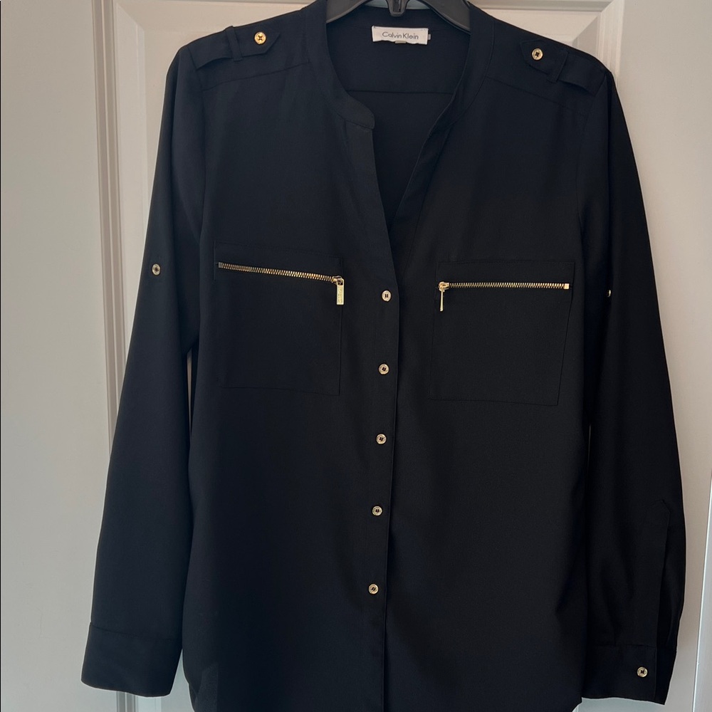 Calvin Klein Black Blouse with Gold Accents